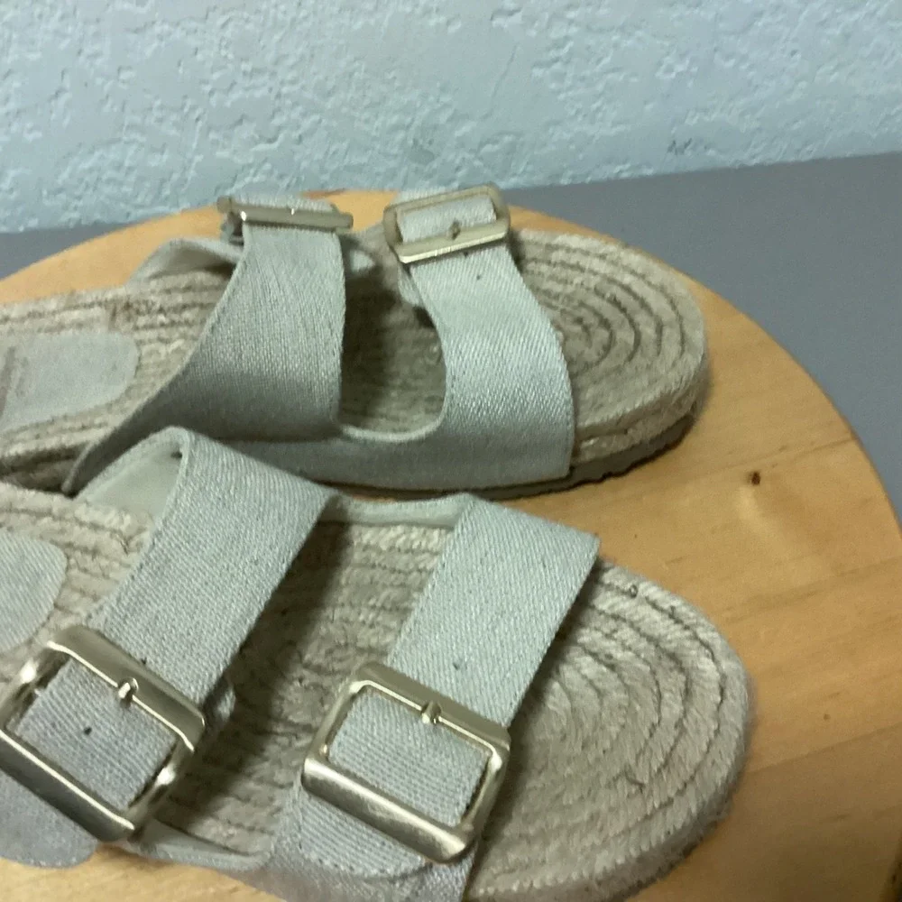 Haute Hippie Canvas Espadrille Flat Sandals Womens 10 Beige Double Buckle Slides